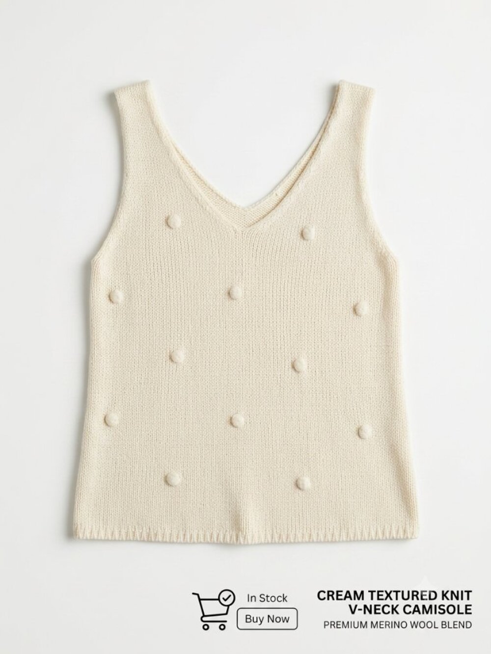 Cream Pom Pom Bobble Knit Sweater Tank Top V-Neck Size Large